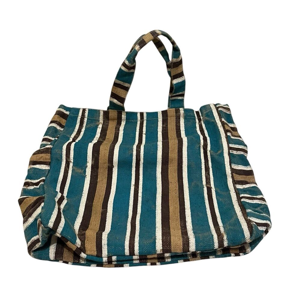 Toss Designs Canvas Textured Jute Teal Brown Tan Striped Tote Shoulder Bag 15X17